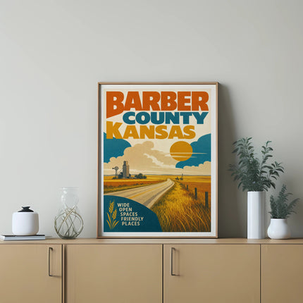 Barber County Kansas vintage travel poster with fields and sun.