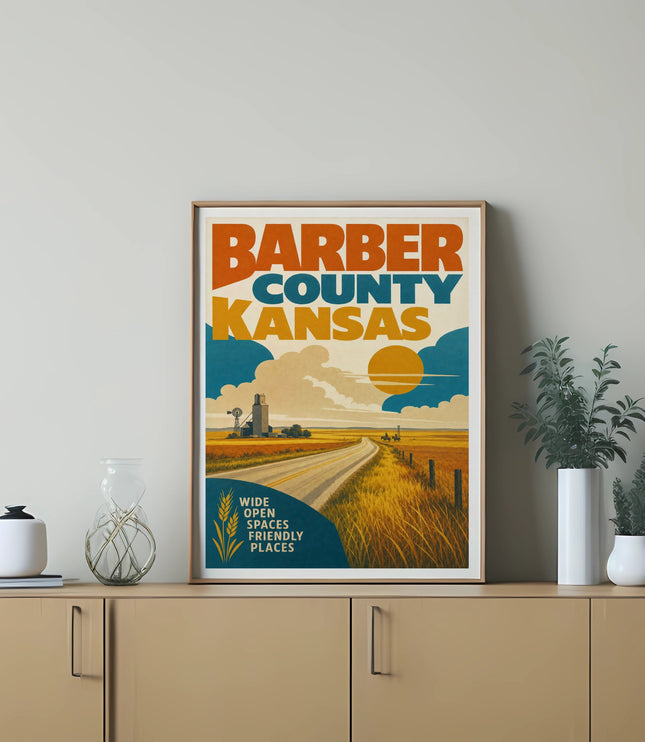 Barber County Kansas vintage travel poster with fields and sun.