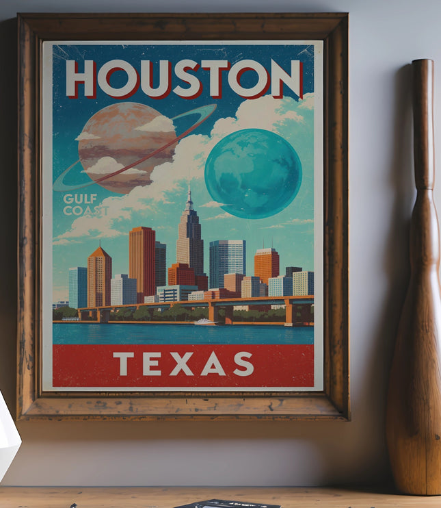 Framed vintage poster featuring the Houston, Texas skyline with celestial elements and "GULF COAST TEXAS" text.