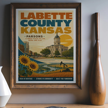 Labette County, Kansas poster with sunfowers, courthouse, and oil rig.