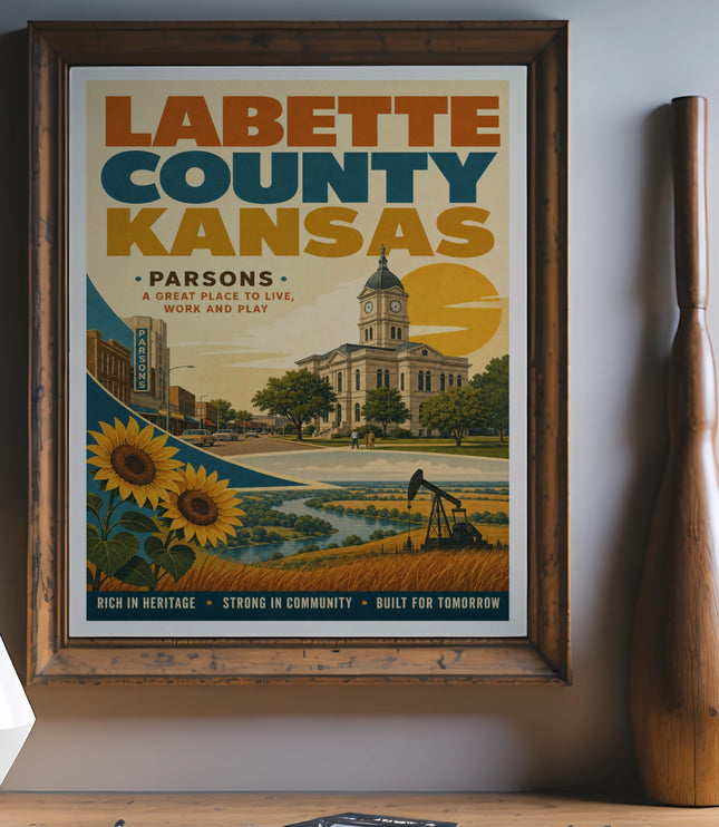 Labette County, Kansas poster with sunfowers, courthouse, and oil rig.