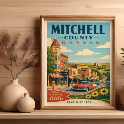 Poster of Mitchell County, Kansas featuring Beloit with retro car and sunflowers.