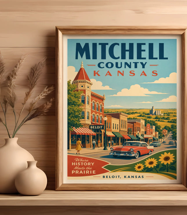 Poster of Mitchell County, Kansas featuring Beloit with retro car and sunflowers.