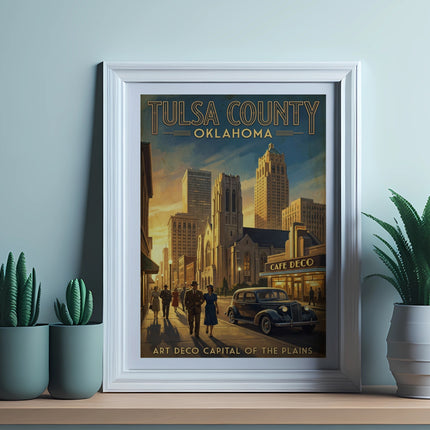 Tulsa County Oklahoma Art Deco poster with cityscape and vintage car.