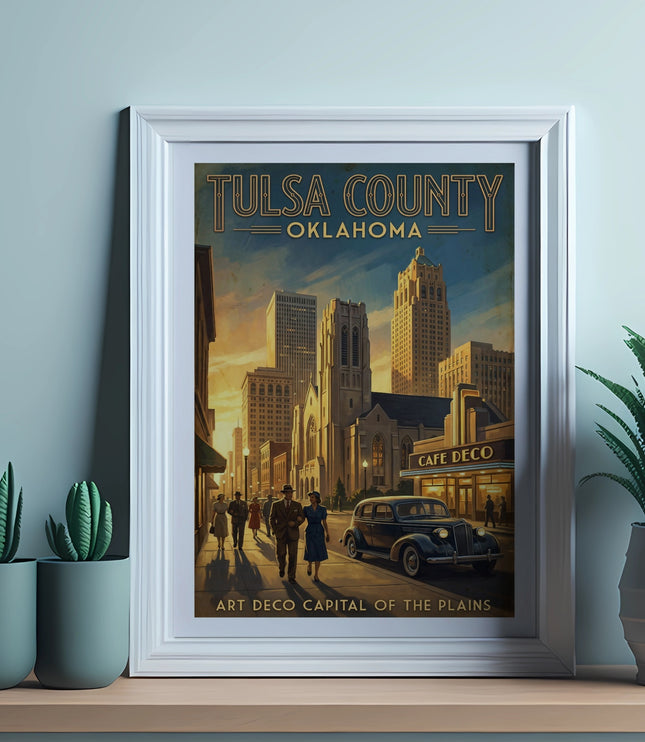 Tulsa County Oklahoma Art Deco poster with cityscape and vintage car.