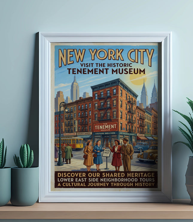 New York City Tenement Museum vintage travel poster with city buildings and people.