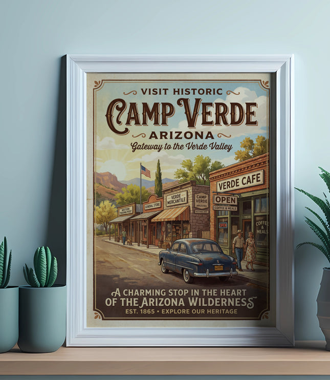 Vintage poster of Camp Verde, Arizona, with a street scene and shops.