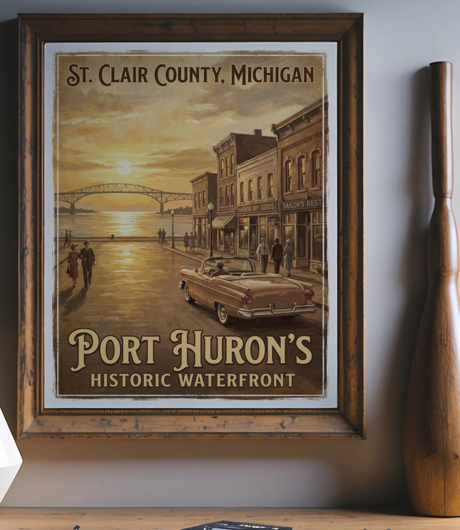 Vintage poster for Port Huron's Historic Waterfront, St. Clair County, Michigan.