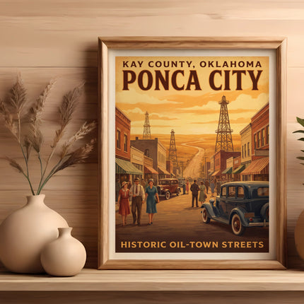 Framed vintage art of Ponca City, Oklahoma, featuring historic oil-town streets with people and cars.