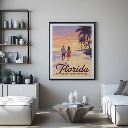 Framed "Florida Honeymoon" travel poster shows a couple walking on a beach at sunset.