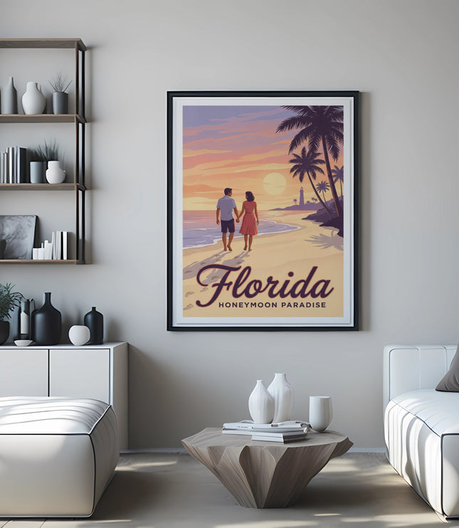Framed "Florida Honeymoon" travel poster shows a couple walking on a beach at sunset.