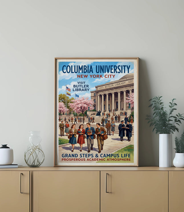 Columbia University New York City vintage poster with Butler Library and students.