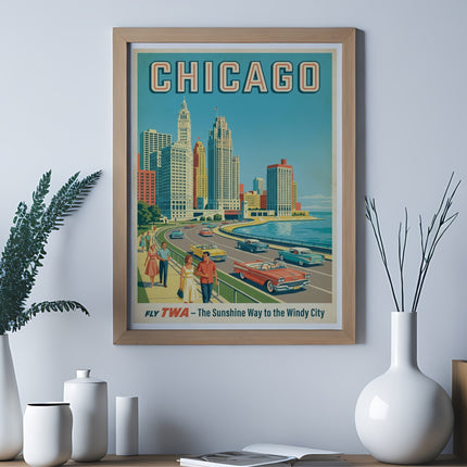 Vintage TWA travel poster for Chicago, showing city skyline and lakefront.