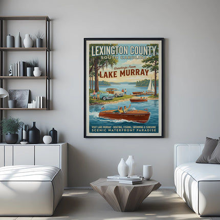 Vintage poster of Lake Murray, South Carolina, with boats and people enjoying the water.