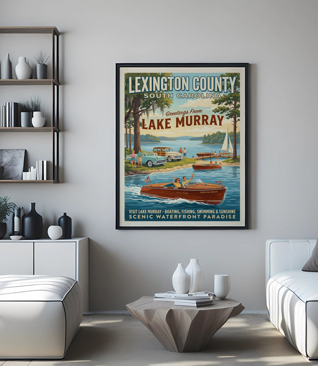 Vintage poster of Lake Murray, South Carolina, with boats and people enjoying the water.