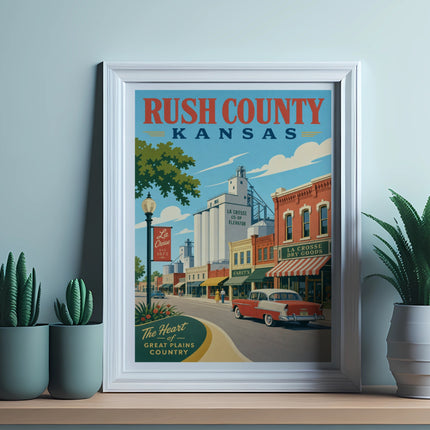 Retro poster of Rush County, Kansas, featuring La Crosse Co-op Elevator and town street.