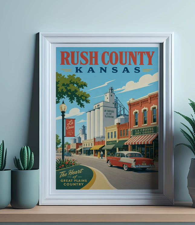 Retro poster of Rush County, Kansas, featuring La Crosse Co-op Elevator and town street.