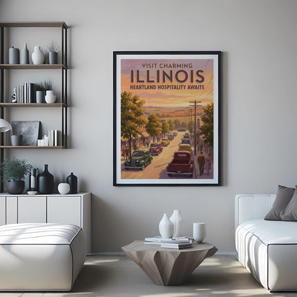 Vintage travel poster for Illinois, featuring a street scene and text "Visit charming Illinois".