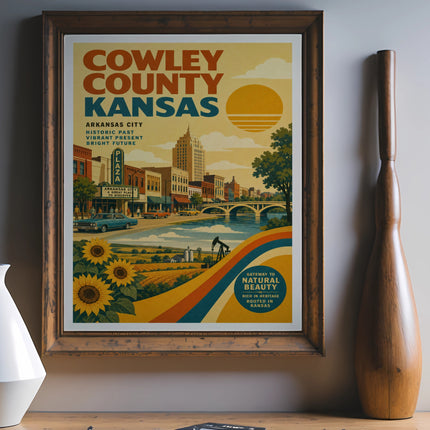 Cowley County, Kansas vintage travel poster with sun, sunflowers, and buildings.