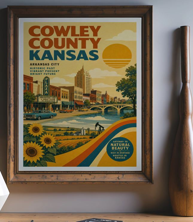 Cowley County, Kansas vintage travel poster with sun, sunflowers, and buildings.