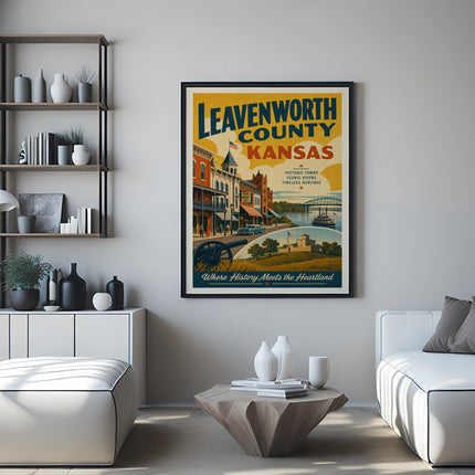 Leavenworth County Kansas poster with historic towns and scenic rivers.