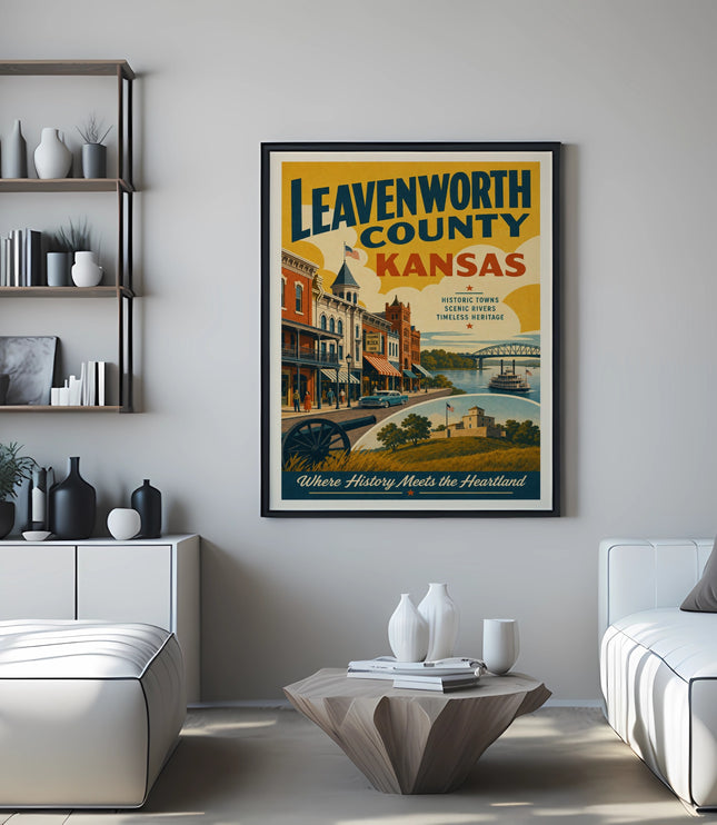 Leavenworth County Kansas poster with historic towns and scenic rivers.