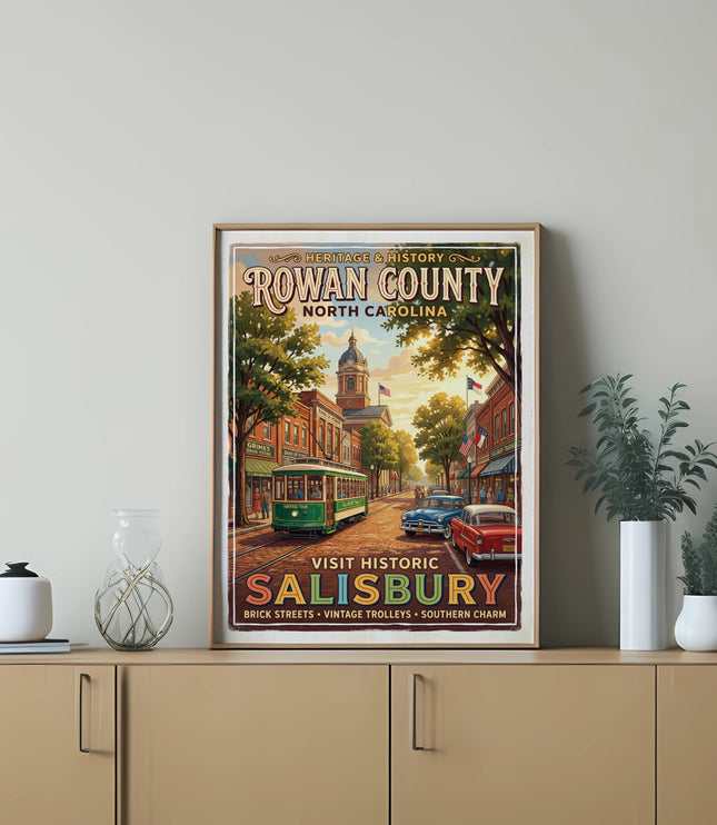 Rowan County North Carolina heritage history poster featuring Salisbury trolley and vintage cars.