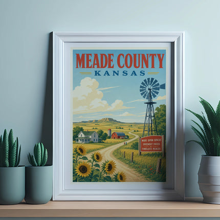 Meade County Kansas vintage travel poster with farm, windmill, and sunflowers.