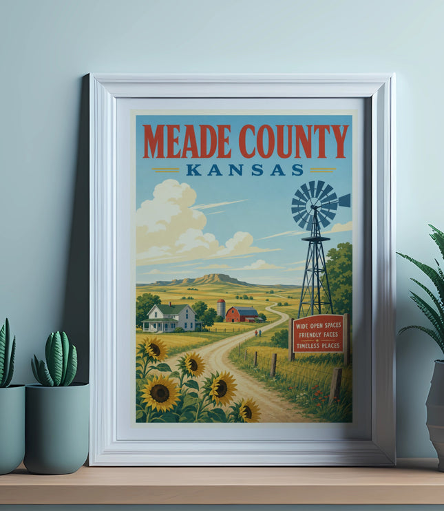 Meade County Kansas vintage travel poster with farm, windmill, and sunflowers.