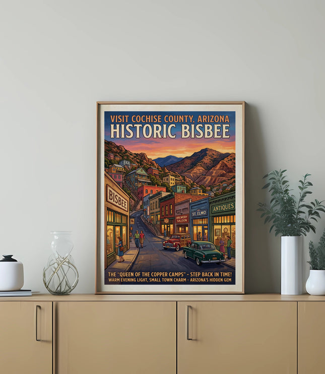Historic Bisbee, Arizona poster with street scene and text "Visit Cochise County, Arizona".