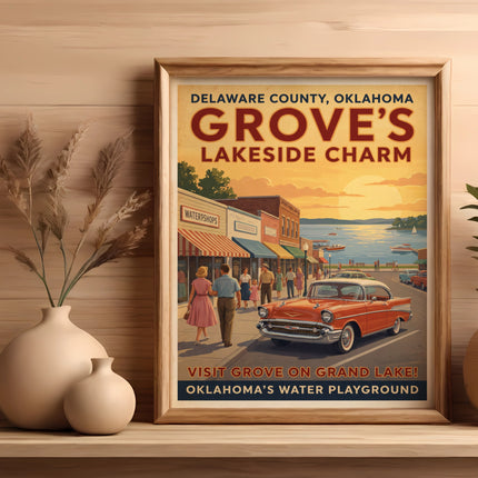 Vintage travel poster for Grove, Oklahoma, featuring a classic car and lakeside scene.