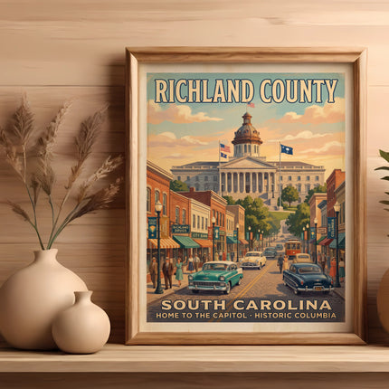 Richland County South Carolina vintage travel poster featuring the capitol building.
