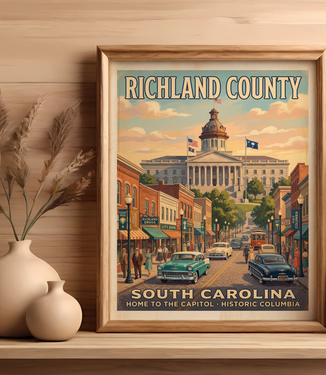 Richland County South Carolina vintage travel poster featuring the capitol building.