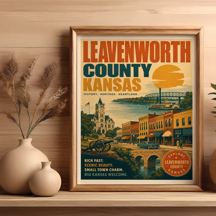 Leavenworth County Kansas vintage travel poster with town illustration and wheat field.