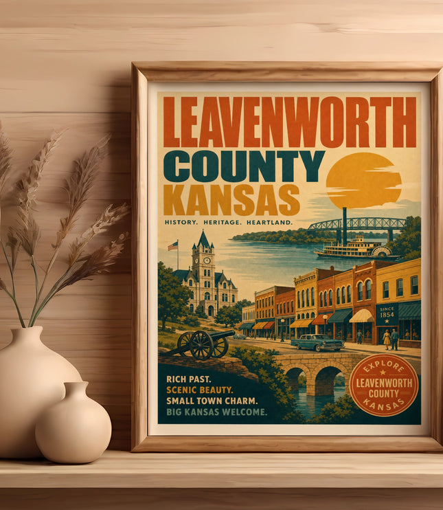 Leavenworth County Kansas vintage travel poster with town illustration and wheat field.