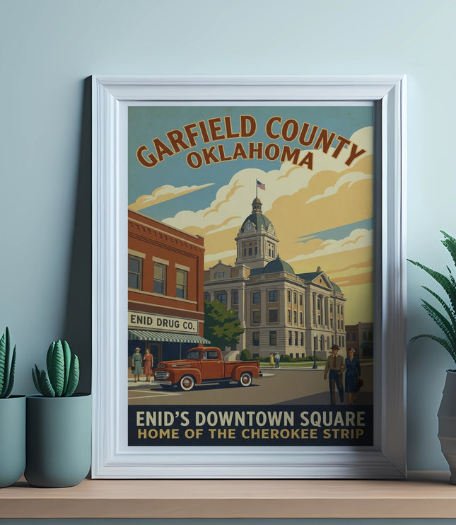Garfield County Oklahoma vintage poster showing Enid's Downtown Square.