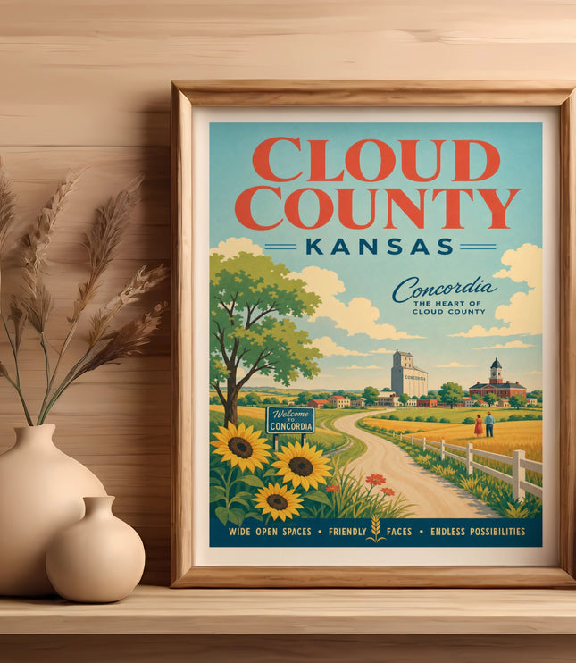 Vintage poster for Cloud County, Kansas, featuring Concordia landmarks and sunflowers.