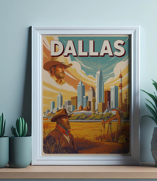 Vintage poster featuring Dallas skyline with cowboy illustration.