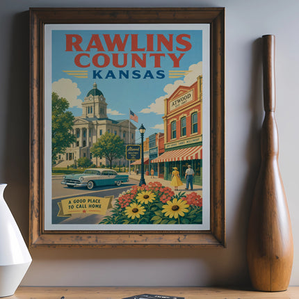 Vintage poster for Rawlins County, Kansas, featuring Atwood's main street and "A Good Place to Call Home."
