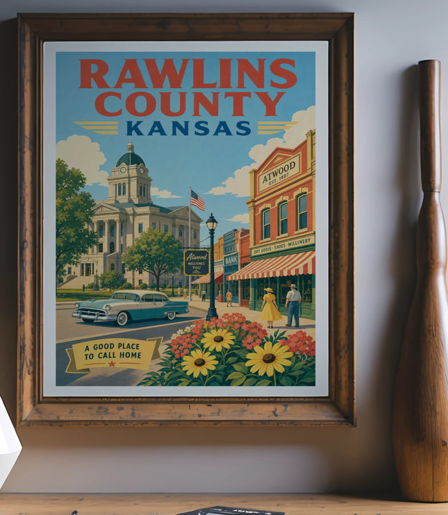 Vintage poster for Rawlins County, Kansas, featuring Atwood's main street and "A Good Place to Call Home."