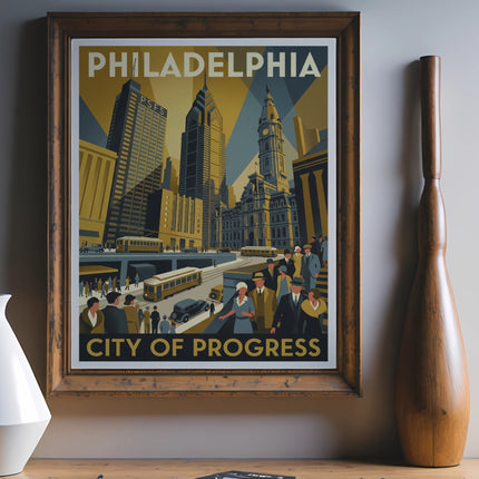Vintage Philadelphia cityscape poster with "City of Progress" text.