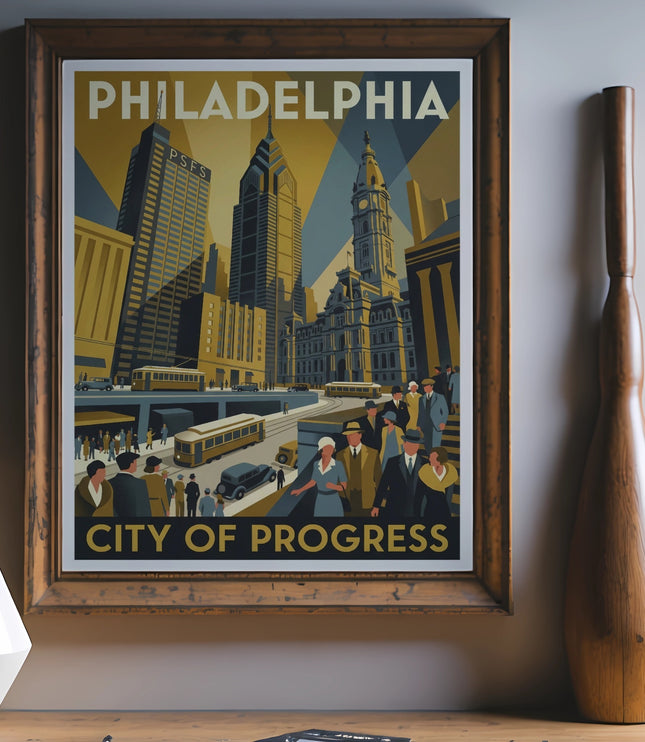 Vintage Philadelphia cityscape poster with "City of Progress" text.