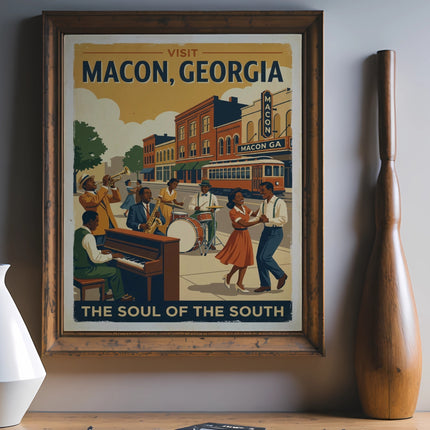 Vintage travel poster for Macon, Georgia, featuring a jazz band and dancers.