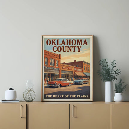 Vintage travel poster "Oklahoma County: The Heart of the Plains" with classic cars.