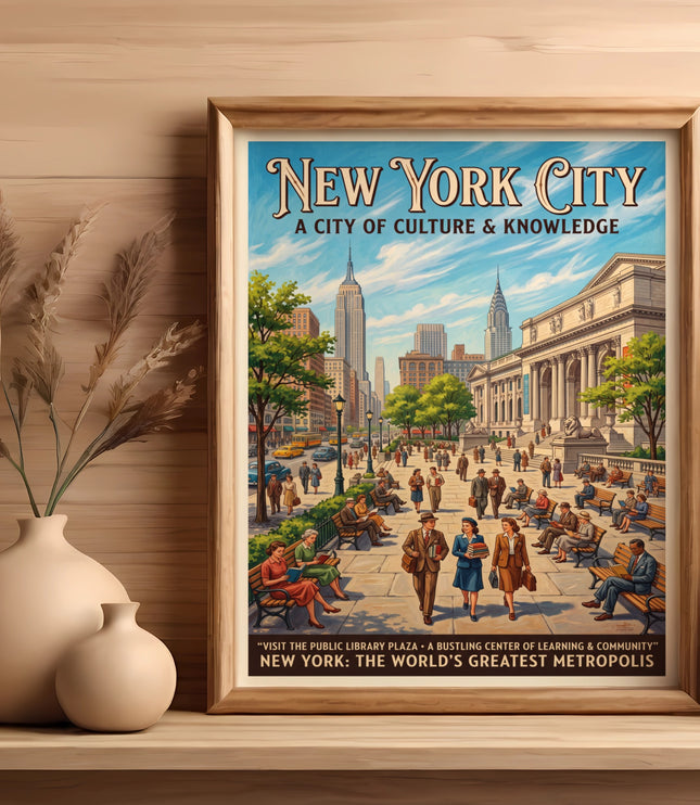 New York City poster: Empire State Building, library, people on plaza.