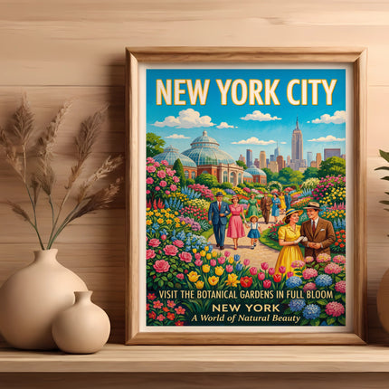 New York City botanical gardens poster with couple amidst colorful flowers.