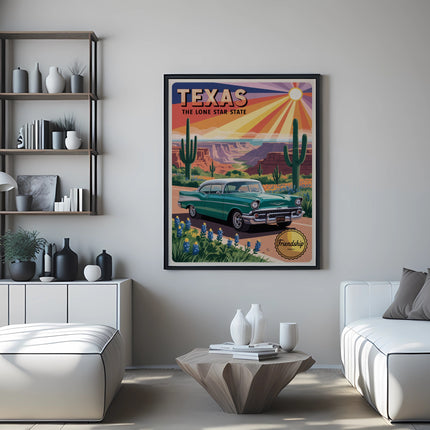 Retro teal car in Texas landscape poster above a modern living room arrangement.
