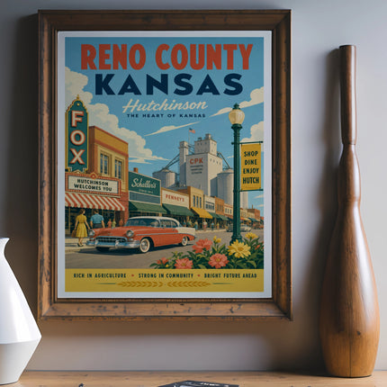 Retro travel poster for Hutchinson, Kansas, featuring vintage cars and businesses.