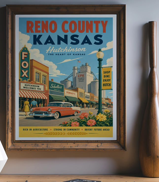 Retro travel poster for Hutchinson, Kansas, featuring vintage cars and businesses.