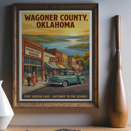 Wagoner County, Oklahoma vintage poster featuring a street scene with a lake in the background.